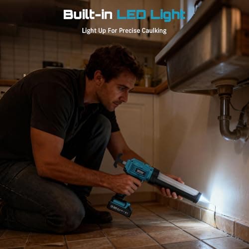 SEESII Cordless Caulking Gun, 21V Battery Powered Caulk Gun, Electric Caulking Gun w/2 x 2.0Ah Batteries, 9Pcs Caulk Remover Tool, LED Light, Auto Retract for Filling, Sealing 6