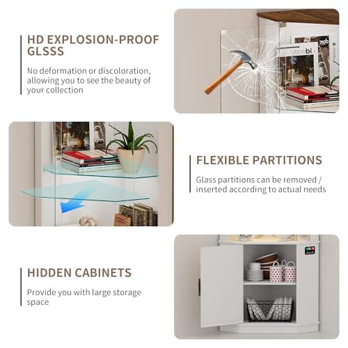 Lvifur 69" Corner Glass Display Cabinet with RGB Lights,3-Tier Movable Glass Shelves,Curio Display with Human Body Sensor,Bookcase with Storage Cabinet for Toys,Books,Collectibles,Liquor,White 8