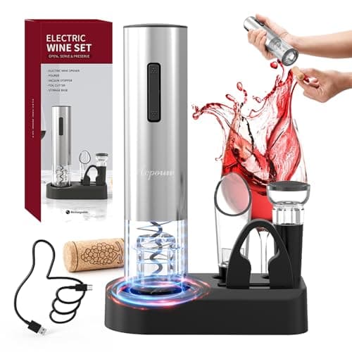 5-In-1 Rechargeable Electric Wine Bottle Opener Set, Automatic One-Touch Corkscrew with Aluminum Alloy Design, Includes Foil Cutter & Storage Base, Gift for Wine Lovers (Silver)