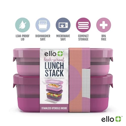 Ello 2-Pack Lunch Stack Plastic Food Storage Container Bento Box with Airtight, Leak-Proof Locking Plastic Lids and Silicone Base, BPA-Free, Freezer, Microwave, and Dishwasher Safe, Raspberry 2