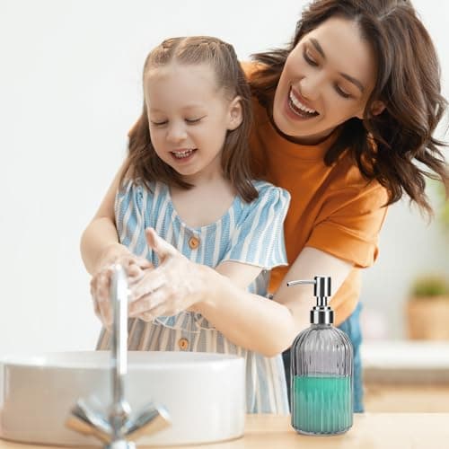 3 Pack Soap Dispenser, Glass Soap Dispenser Bathroom 13.5oz Hand Soap Dispenser 400ML with Rust Proof Stainless Steel Pump for Kitchen Countertop, Grey 6