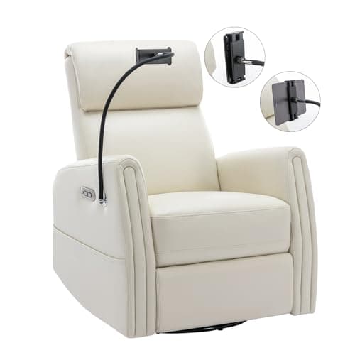 COLAMY 270 Power Swivel Glider Recliner Chair with Removable Mobile & iPad Holders, PU Leather Reclining Rocker with Built-in USB & Type-C Charging Ports for Nursery, Living Room & Office, Beige 9