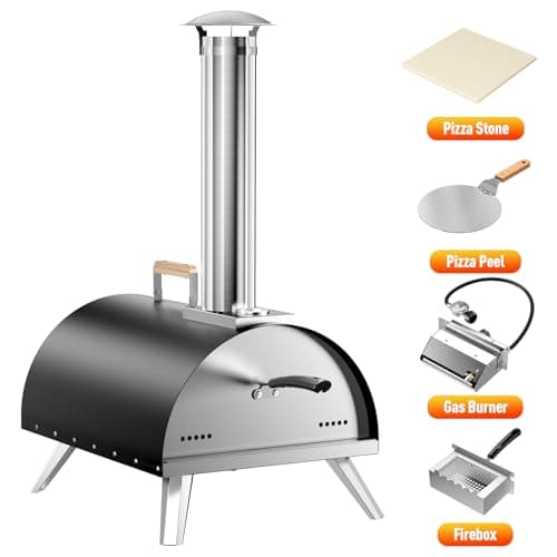 Multi-Fuel Pizza Oven Outdoor, 12" Portable Wood and Gas Fired Pizza Oven with Thermometer,Gas Hose & Pizza Stone,Heats up to 1000°F,Stainless Steel Pizza Oven for Backyard or Camping (Black) 8