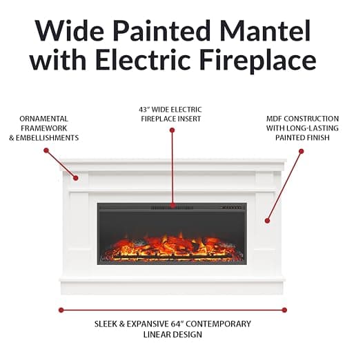 Ameriwood Home Elmcroft Contemporary Wide Mantel with Linear Engineered Wood Electric Fireplace for Living Room/Family Room, in White Finish 8