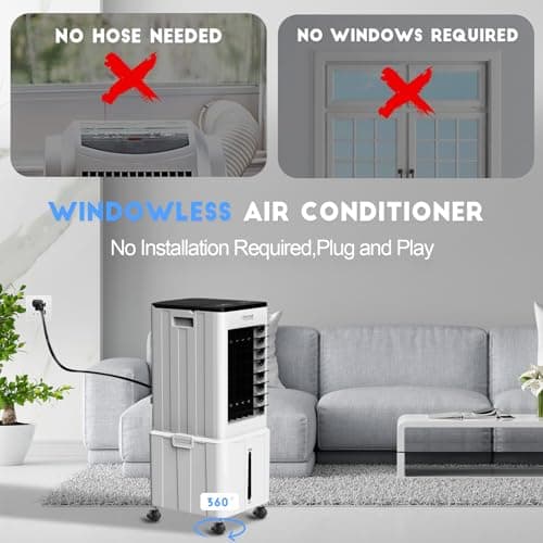 Portable Air Conditioner, 3-IN-1 Evaporative Air Cooler w/3.2Gal Tank, 4 Modes & 3 Speeds, 12H Timer, 6 Ice Packs, Remote Control, Windowless Swamp Cooler for Bedroom,Home,No Hose Needed 5