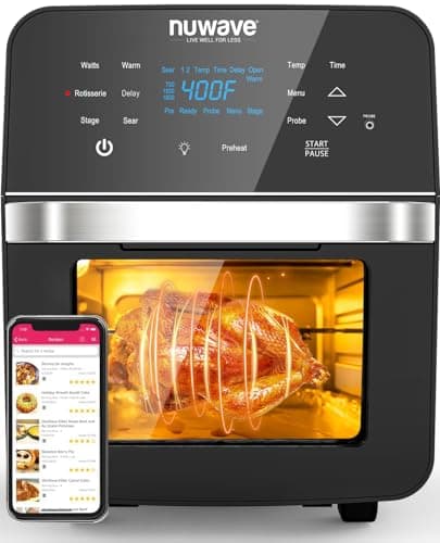 Nuwave Brio Air Fryer Oven, 15.5Qt X-Large Family Size, SS Rotisserie Basket &-Skewer Kit, Powerful 1800W, 50F-425F Temp Controls, Integrated Smart Thermometer
