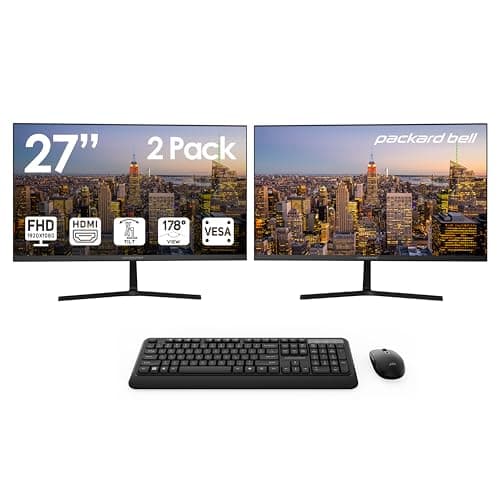 Packard Bell airFrame 27" FHD Monitors + Wireless Keyboard & Mouse, VESA Mount Compatible, HDMI/VGA, Tilt, Slim Bezel, for Home, Office, Light Gaming – 2 Pack