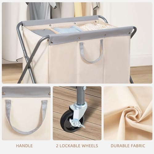 STORAGE MANIAC 160L Collapsible Laundry Hamper with Wheels, Rolling Laundry Basket, Heavy Duty Cloth Sorter with Removable Bag, Folding X Frame Clothes Organizer Cart for Easy to Store, 3 Section 7