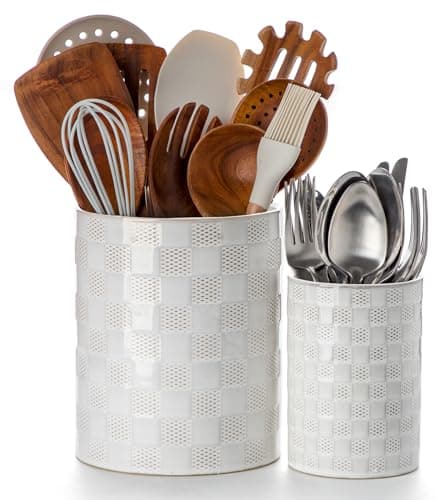Nucookery Utensil Holder, Extra Large Ceramic Utensil Crock for Kitchen Counter, Stable Spatula & Flatware Organizer, Farmhouse Embossed Kitchen Decor, Set of 2 (Checkered)
