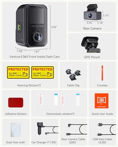 Vantrue E360 Plus All Channel Dash Cam, 585°, Dual STARVIS 2, Fisheye Front + Fisheye Inside + Rear Dash Camera, Dual IR Night Vision, GPS, WiFi, Touchscreen, Parking Mode, Voice Control, Support 1TB 8