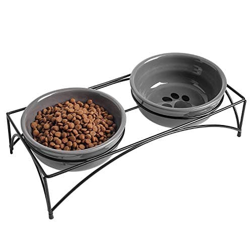 Y YHY Dog & Cat Food Bowls,12 OZ(1.5 Cup) Ceramic Raised Pet Bowls for Food and Water, Two Elevated Pet Dishes Bowls 2.75” Height Sturdy Metal Stand, Grey