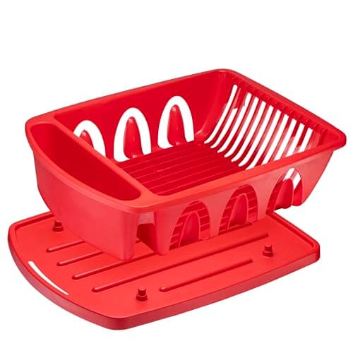 Tribello Sink Dish Drying Rack, Heavy Duty Hard Plastic Sink Set with Drainer (Red) 6