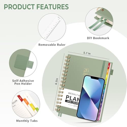 EMSHOI 2026 Planner, Weekly and Monthly, JAN 2026 - DEC 2026, A5 (5.7" x 8.3"), 100GSM Thick Paper, PVC Cover, Colorful Tabs - 2026 Calendar Organizer for Work, School, Home, LightGreen 6