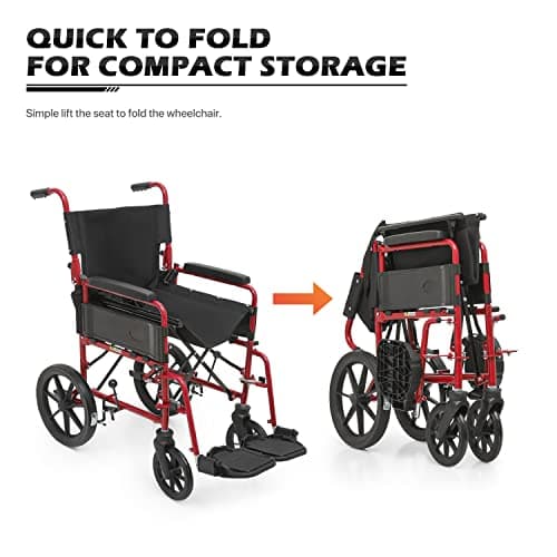 monicare Folding Transport Wheelchair for Adults, Heavy-Duty Wheel Chair with Padded Armrest and Swing-Away Footrest, 18 Inch Wide Seat Transport Chair for Seniors, 300Lbs Capacity, Red 12