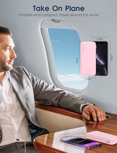 Nusyddy Portable Charger, 12000mAh 22.5W Fast Charging Power Bank with Built-in Cables & Wall Plug, Travel Essentials External Battery Pack, USB C Battery Phone Charger for iPhone, iPad, Samsung Pink 8