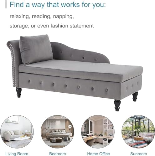 Bellemave Chaise Lounge Indoor with Storage, Upholstered Chaise Lounges Couch with Pillow for Living Room, Modern Nailhead-Trimmed Tufted Lounge Chair, Bedroom and Office（Dark Gray） 7