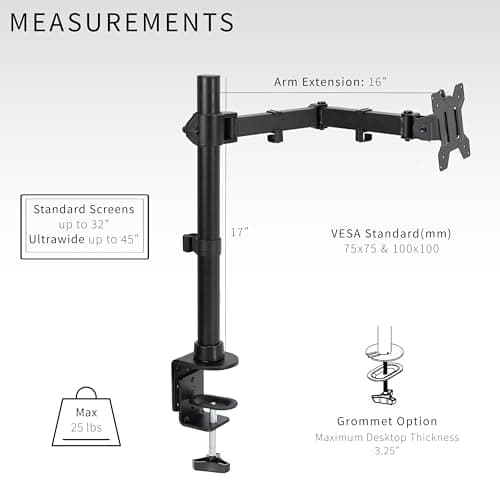 VIVO Single Large Monitor Arm Desk Mount, Holds Screens up to 45 inch Ultrawide, Fully Adjustable Stand with C-Clamp and Grommet Base, VESA 75x75mm or 100x100mm, Black, STAND-V149 6