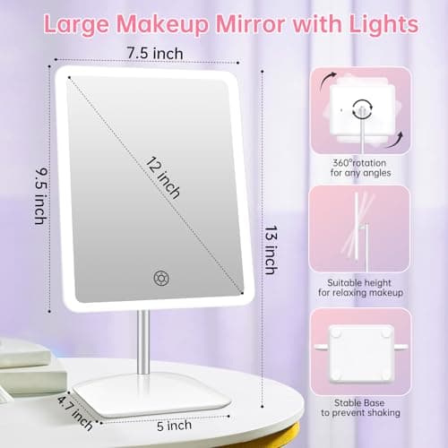 COSMIRROR Makeup Mirror with Lights, Rechargeable 2000mAh Lighted Makeup Mirror with 10X Magnification, 360°Rotation Makeup Vanity Mirror with 3 Color Light, Touch Control Light up Mirror for Makeup 5
