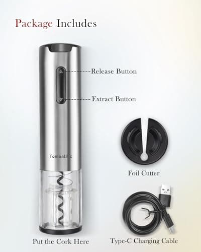 Electric Wine Opener Tomentific, Rechargeable Automatic Wine Corkscrew Bottle Opener With Foil Cutter, Type-C Charging Wine Openers With LED Light For Home Party Wedding Gifts (Stainless Steel) 8