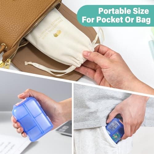 1 Pack Travel Pill Organizer w Labels & 1 Drawstring Pouch, Small 10 Compartments Pocket Pharmacy, Handy Pill Holder Box - Portable Daily Weekly Medicine Container Case - Blue 5