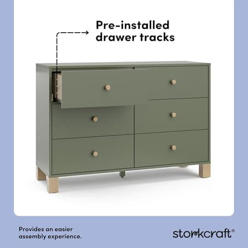 Storkcraft California 6-Drawer Double Dresser (Olive with Driftwood) - GREENGUARD Gold Certified, Interlocking Drawer System, Dresser Drawer Organizer for Kids Bedroom 6