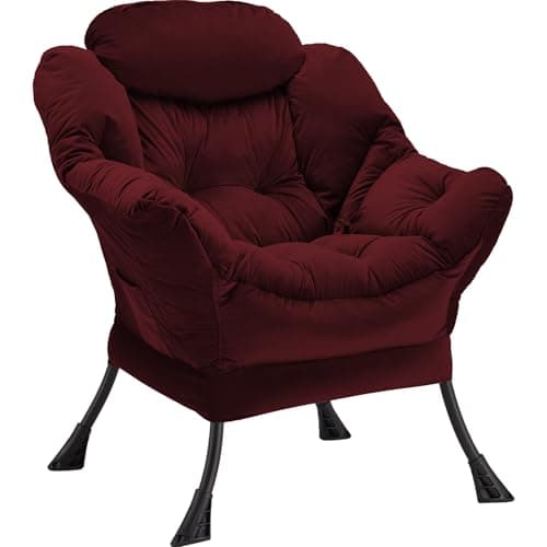 Youtanic Lazy Chair Thick Padded, Comfy Velvet Accent Lounge Chair with Stable Frame, Leisure Sofa Armchair with Armrests and Side Pocket, Reading Chair for Bedroom, Living Room, Office, Burgundy