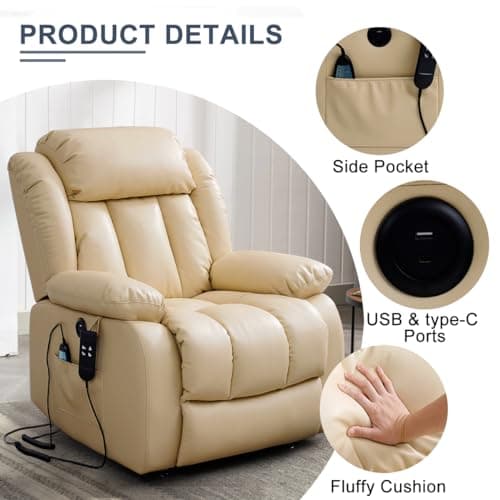COCOLHOME Infinite Position Power Lift Chair Lay Flat Recliner Dual Motor Sleeper Chair with Massage and Heating for Elderly, USB Ports and Remote Control, Leather(Beige) 8
