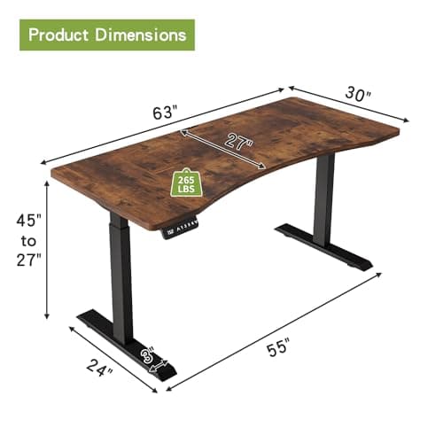 Radlove Dual Motors Height Adjustable 63 x 30 Electric Standing Desk with Curved Design Stand Up Table 4 Memory Keys, Computer Desk with Splice Board Home Office Desk, Brown Top + Black Frame 2