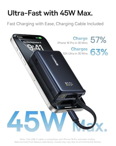 Baseus Power Bank, Picogo 10000mAh 45W 3-Output Portable Charger with Built-in USB-C Cable, PPS/PD QC Fast Charging External Battery Pack for iPhone 17/16/15/14/13, Samsung S25/S24, MacBook Pro, iPad 3