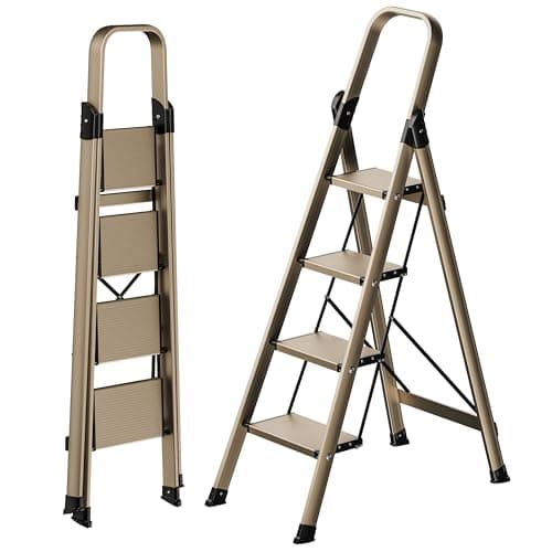 ASPERLAD 4 Step Ladder High-end Aluminum Folding Step Stool with Wide Anti-Slip Pedal, Lightweight Aluminum Four Step Ladder for Home Closet Office Foldable Step Ladders for Adults