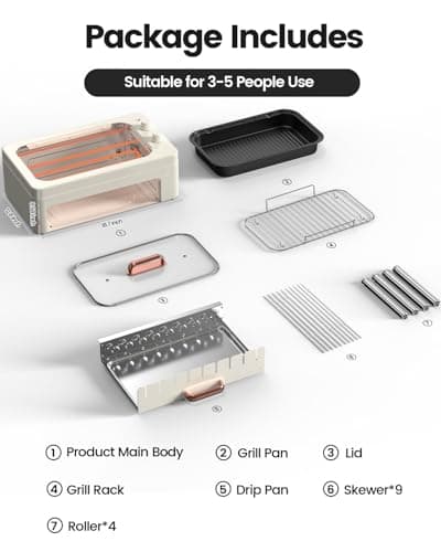 XHJ 4-in-1 Electric Indoor Grill Smokeless for Home,Countertop Electric Grill with Removable Sizzling Grill Pan & Grate + Auto Rotating Kabob Skewers + Electric Hot Dog Roller Dual Zone Cook with Lid 9