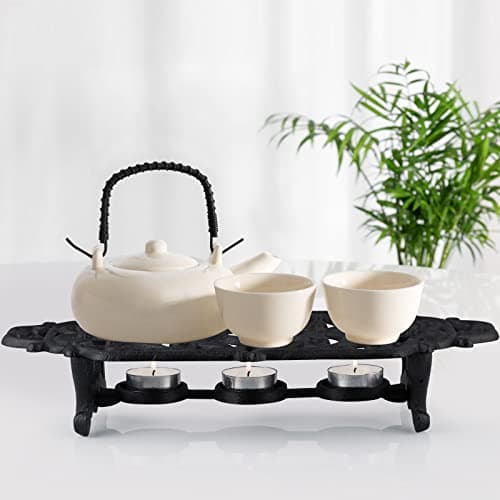 MOLIGOU Cast Iron Teapot Warmer, Teapot Warmer Stand with 3 Tealight Candle Holders, Teapot Heater Base 6