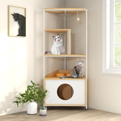 Corner Cat Tower, Cat Tree with Scratching Post, Multi-Functional Cat Condo with Feeding Station, Climbing Platforms, Pet Furniture for Indoor, Durable P2 Grade Particle Board, White+Light Oak(A)