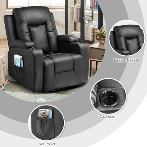 COMHOMA Swivel Rocker Recliner, PU Recliner Chair with Side Pockets, Massage Chair Recliner with Cup Holders, Reclining Chair Sofa Seat for Living Room, Bedroom (Black) 6