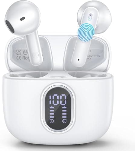 Wireless Earbuds Bluetooth 5.3 Headphones 42 Hrs Playtime with LED Display, Deep Bass Stereo and Noise Cancelling Bluetooth Ear Buds IPX7 Waterproof Wireless Ear Buds with Mic for iPhone Android White