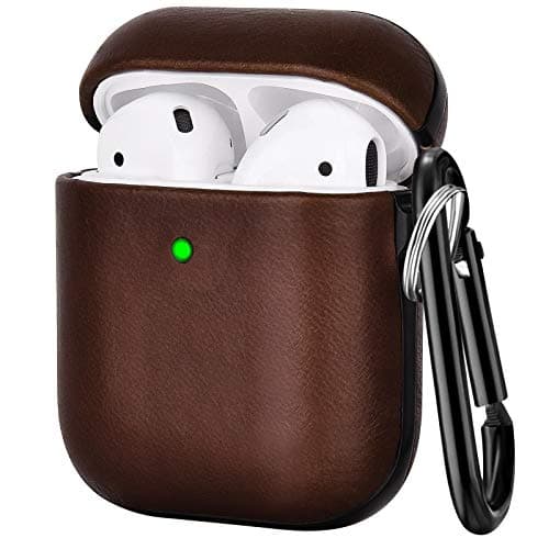 V-MORO Compatible with Airpods Case, Genuine Leather Airpods Case with Keychain for Airpods 2 & 1, Front LED Visible, Protective Cover Skin Dark Brown