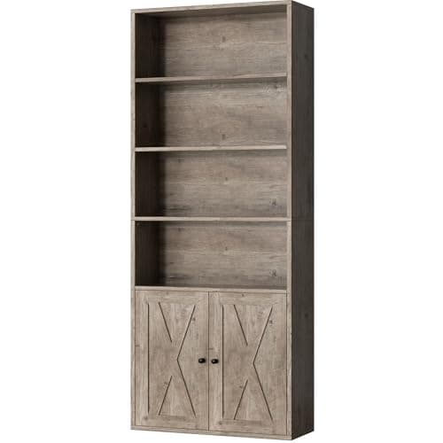 Shintenchi Bookshelf, Industrial Bookshelves and Bookcases with Doors Floor Standing 6 Shelf Display Storage Shelves 70.6 inches Tall Bookcase for Home Office, Living Room (Grey)