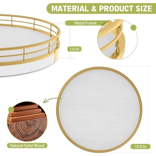 Round Wooden Decorative Tray for Coffee Table Kitchen Dining Table Decor - Rustic Farmhouse Wood Centerpiece Display Tray for Living Room Decor, Perfume, Plant,Bathroom Accessories (10" White Gold) 2
