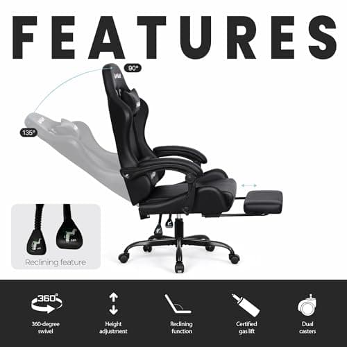 N-GEN GAMING Video Gaming Chair with Footrest Lumbar Support for Home Office High Back Recliner Height Adjustable Ergonomic Comfy Leather Computer Desk Chair (Black) 5