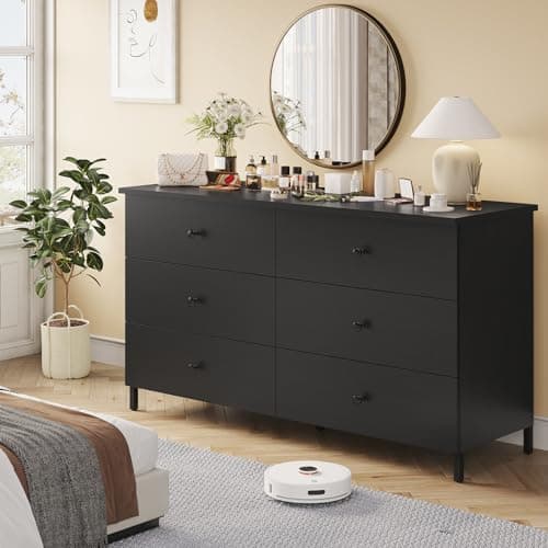 Hasuit 6 Drawers Double Dresser, Wooden Dressers with Heavy Sturdy Steel Frame, Large Capacity Storage Chest of Drawers, Black Dresser for Bedroom, Living Room, Entryway 5