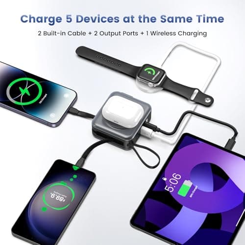 for Magsafe Portable Charger with AC Wall Plug, 6-in-1 Magnetic Wireless Power Bank 10000mAh Built-in Cables, 22.5W Type-C in&Out Fast Charging Battery Pack for iPhone 17/16/15/14/13/12 Series, Gray 2