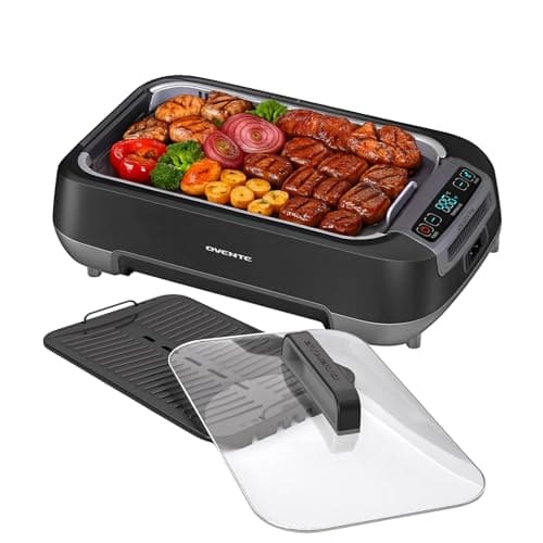 OVENTE Smokeless Indoor Grill, 1500W Electric Portable Korean BBQ Grill with One-Touch Control, LED Smart Display, Tempered Glass Lid, Two Removable Non-Stick and Dishwasher Safe Plates, Black SGR85B