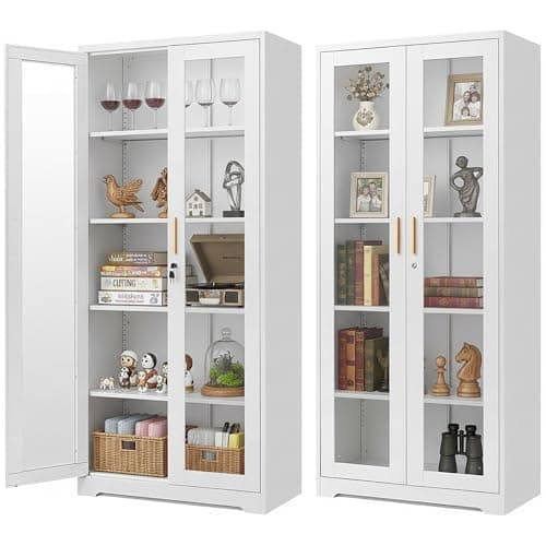 Curio Display Cabinet with Glass Doors,71”H Metal Display Case with 4 Adjustable Shelves, White China Storage Cabinet for Collectibles, Trophies & Liquor - Locking Tall Glass Cabinet for Home
