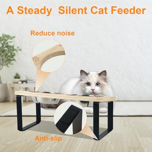 Elevated Cat Bowls 15° Tilted Raised Puppy Pet Food and Water Stainless Steel Bowl Pets Wood Stand Feeder with Pawprint Pattern, for Indoor Cats, Small Dog 5