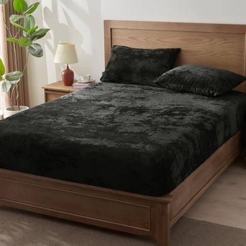 BEDELITE Velvet Fitted Sheet and Pillowcases Set, Luxury Soft Fuzzy Bottom Sheet with Reinforced Elastic Corner Straps, Deep Pocket up to 15 Inch, 1 Fitted Sheet and 2 Pillowcases (Queen, Black) 6