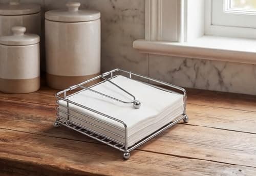 hiwafifi Napkin Holder for Table, Flat Napkin Dispenser with Weighted Arm, Square Cocktail Paper Holder of Elegant Rustic Iron for Kitchen Dining Room Decor Restaurant Farmhouse Hotel Party, Silver 5