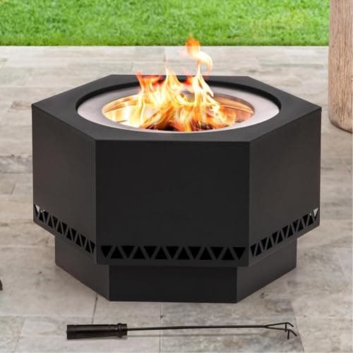 Sunjoy Fire Pit Smokeless 28 in. Hexagonal Outdoor Fire Pit, Patio Wood Burning Smokeless Firepit w/PVC Cover and Fire Poker, Ideal for Camping, Bonfire, and Backyard, Black