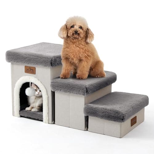 COZY KISS Dog Stairs for Small Dogs with Storage and Condo, 14" H Foldable Pet Stairs for Small Medium or Puppy Dogs and Older Cats, Dog Steps for Bed or Couch, 13x27x14 inch, 3 Tiers, Grey
