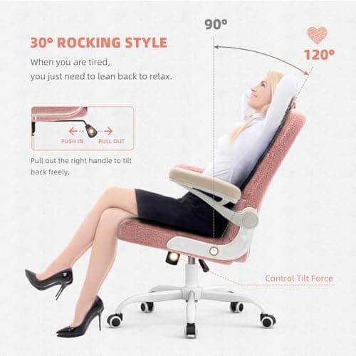 SEATZONE Pink Office Chair Ergonomic Pink Desk Chair with Flip-up Arms,Fluffy Office Chair with Lumbar Support,Faux Fur Comfy Office Chairs for Home Office and Bedroom,Teddy Fleece Fluffy 5