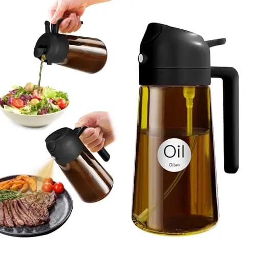 YARRAMATE 16oz/470ml Light Blocking Oil Sprayer for Cooking with Stickers, Food-Grade 2 in 1 Olive Oil Dispenser Bottle for Kitchen, Premium Dark Amber Glass Oil Bottle for Air Fryer, BBQ (Black)
